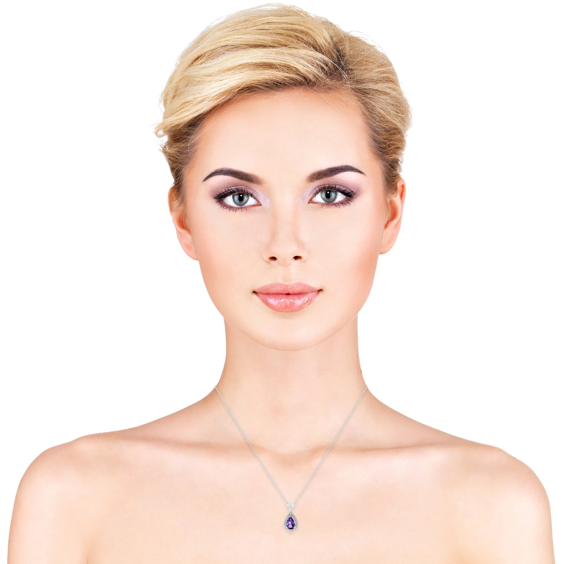 10k White Gold Purple Amethyst and Diamond Halo Gemstone Pendant Necklace, Birthstone of February
