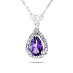 10k White Gold Purple Amethyst and Diamond Halo Gemstone Pendant Necklace, Birthstone of February