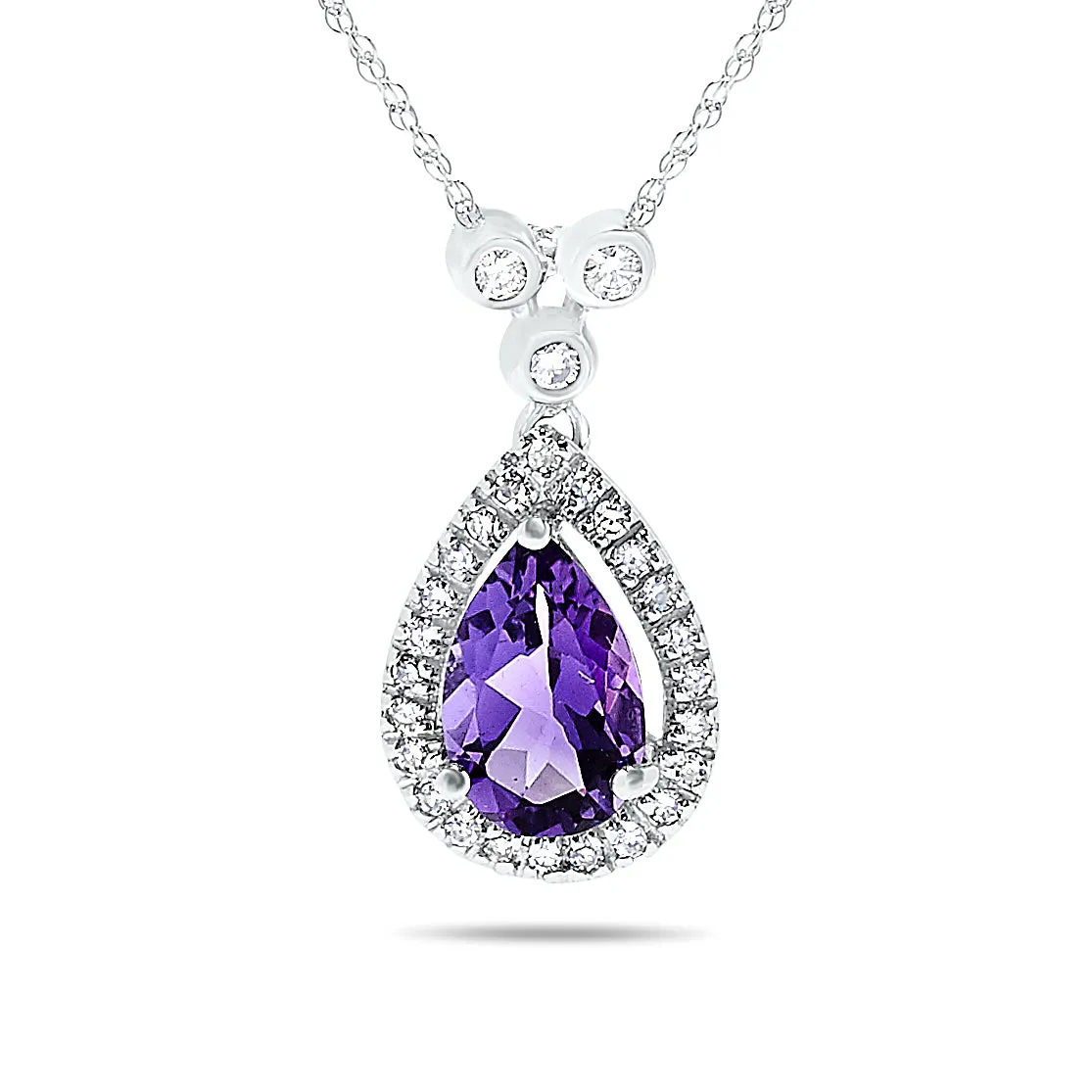 10k White Gold Purple Amethyst and Diamond Halo Gemstone Pendant Necklace, Birthstone of February