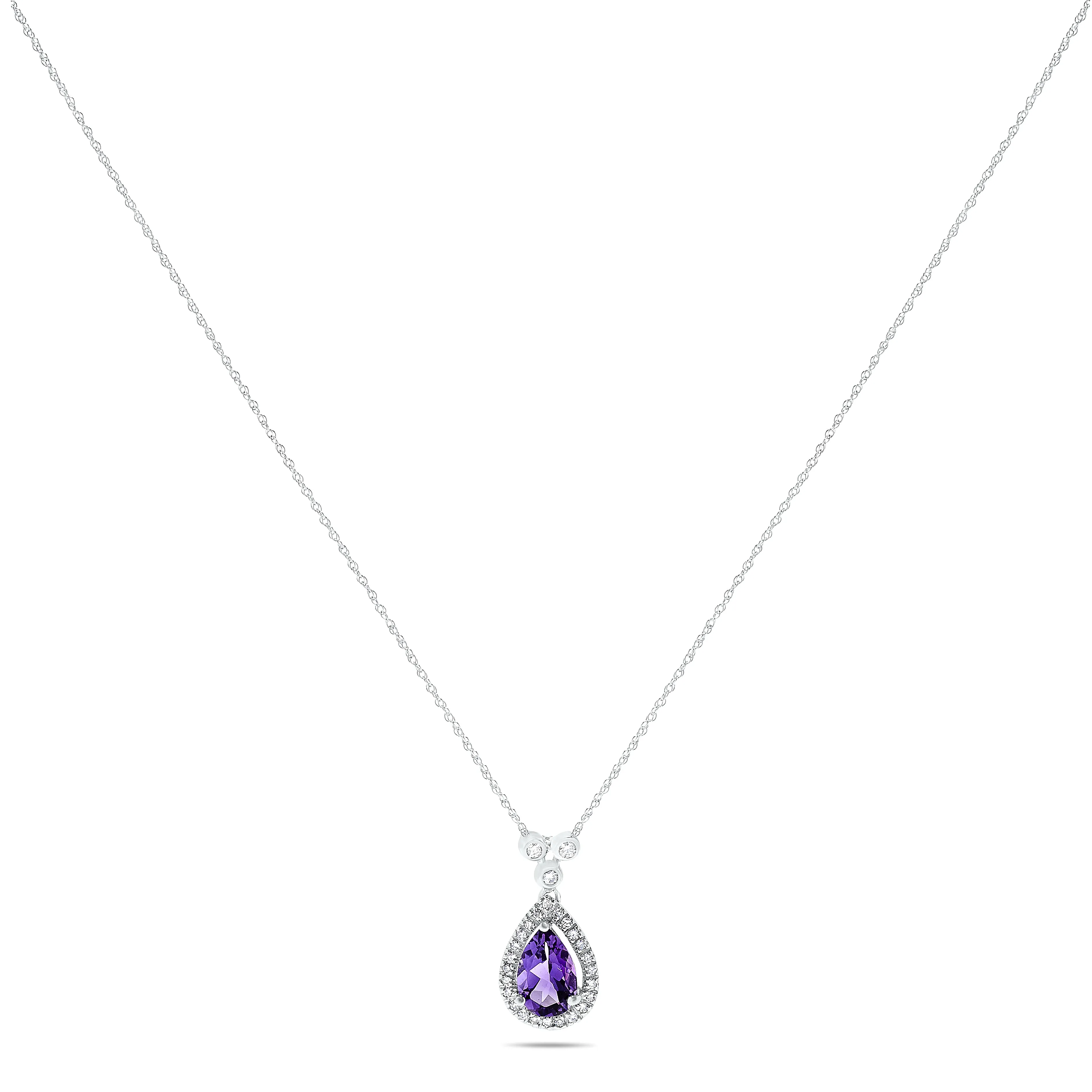 10k White Gold Purple Amethyst and Diamond Halo Gemstone Pendant Necklace, Birthstone of February