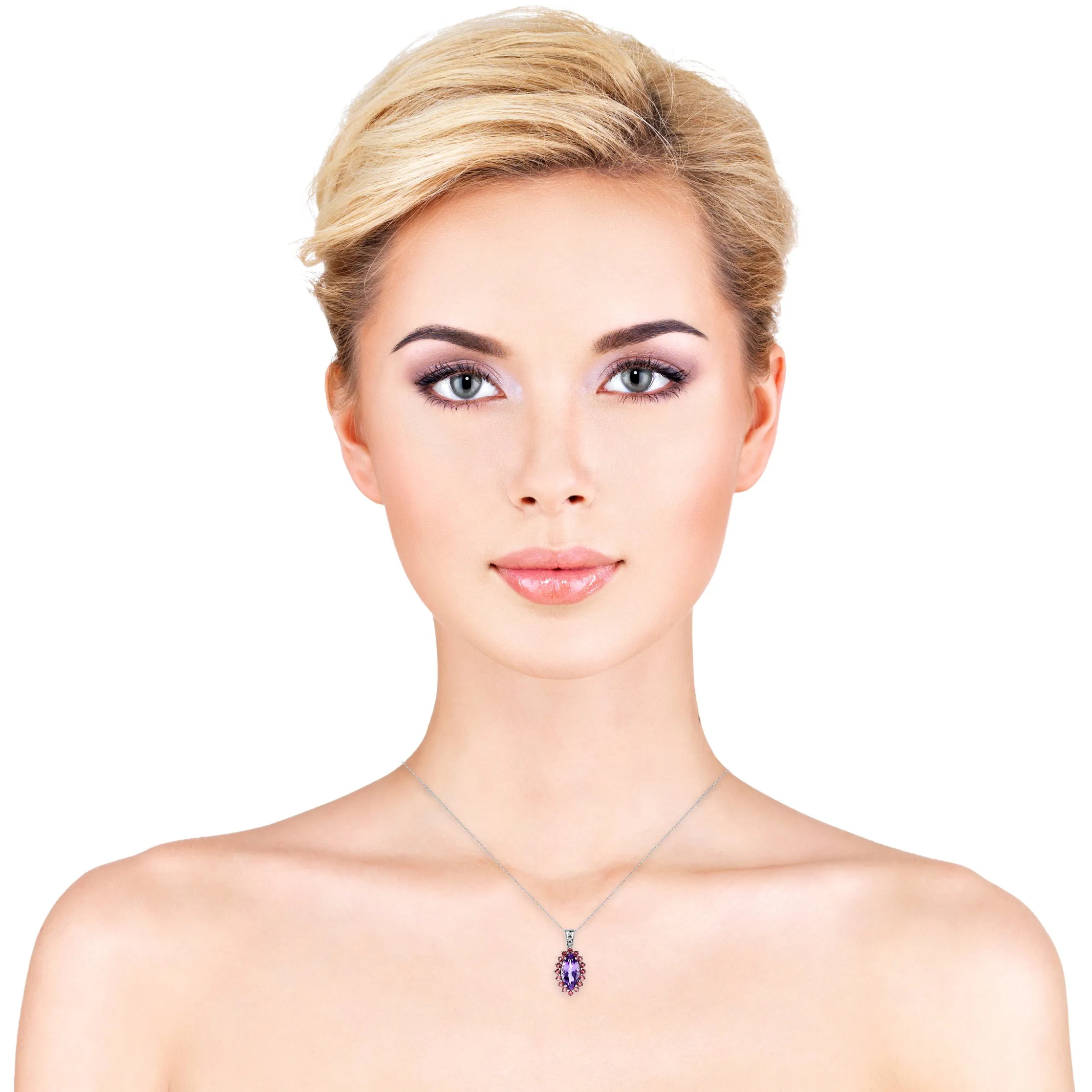 10k White Gold Purple Amethyst and Pink Tourmaline Halo and Diamond Gemstone Pendant Necklace