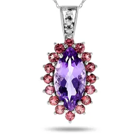 10k White Gold Purple Amethyst and Pink Tourmaline Halo and Diamond Gemstone Pendant Necklace