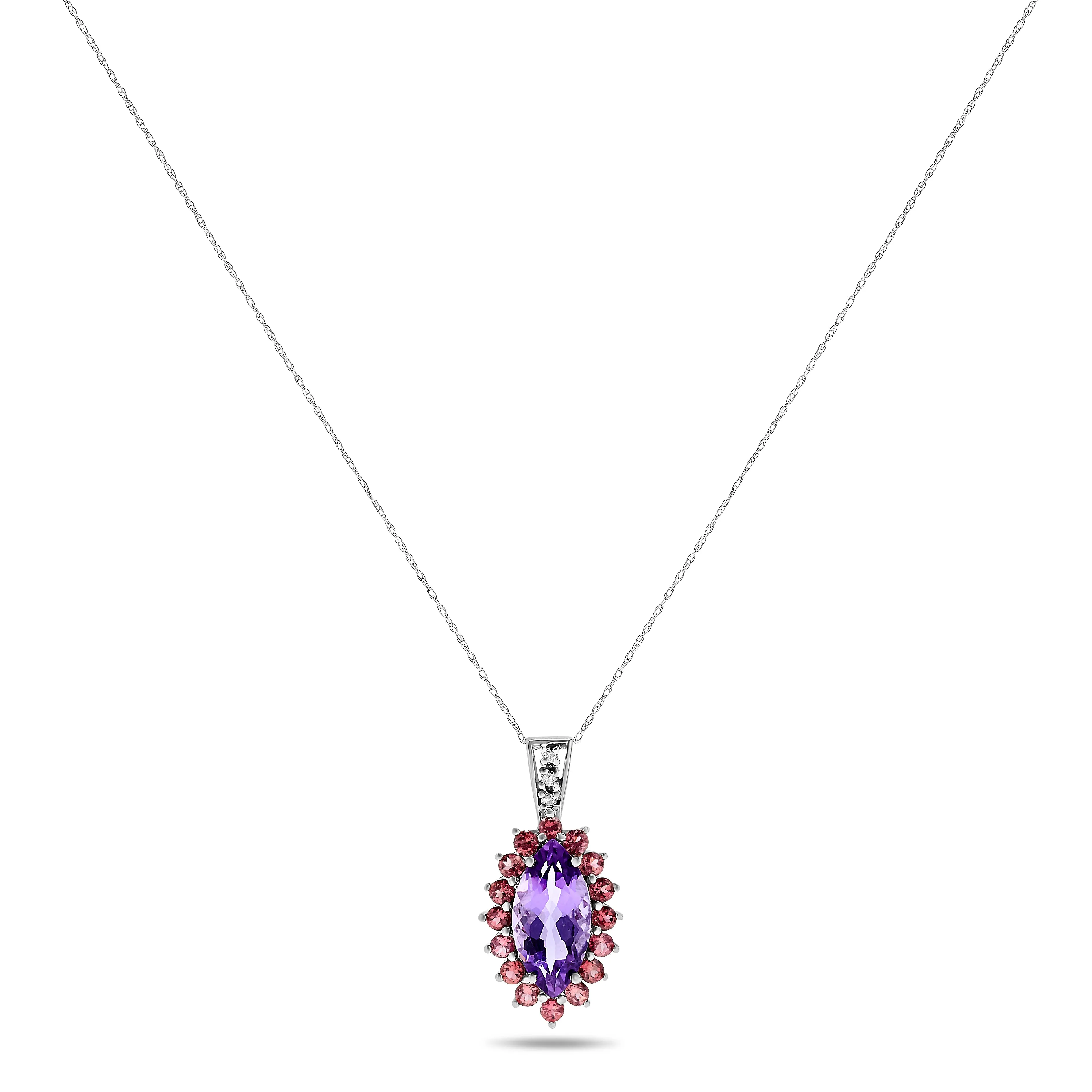 10k White Gold Purple Amethyst and Pink Tourmaline Halo and Diamond Gemstone Pendant Necklace