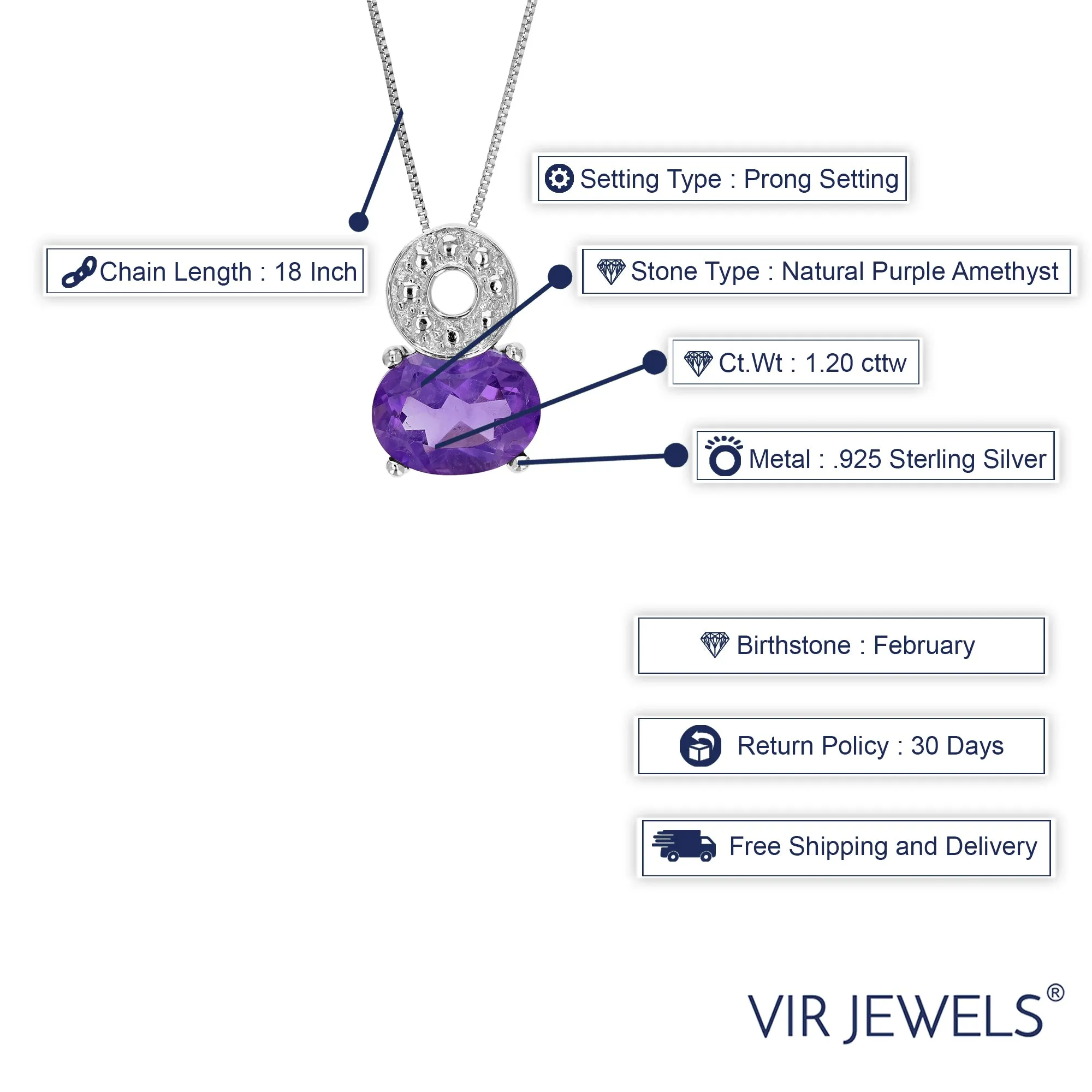 1.20 cttw Purple Amethyst Pendant Necklace .925 Sterling Silver 8x6 MM Oval