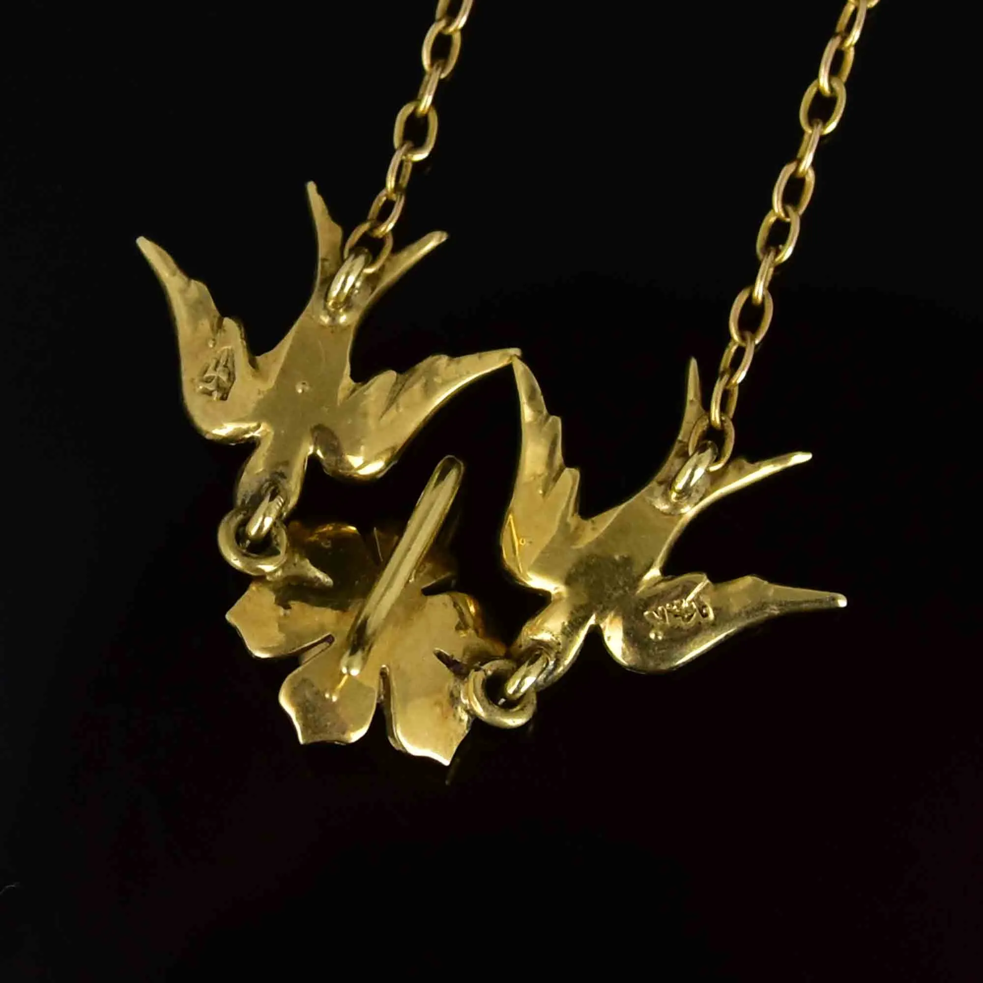 14K Gold Edwardian Amethyst Seed Pearl Swallow Bird Necklace