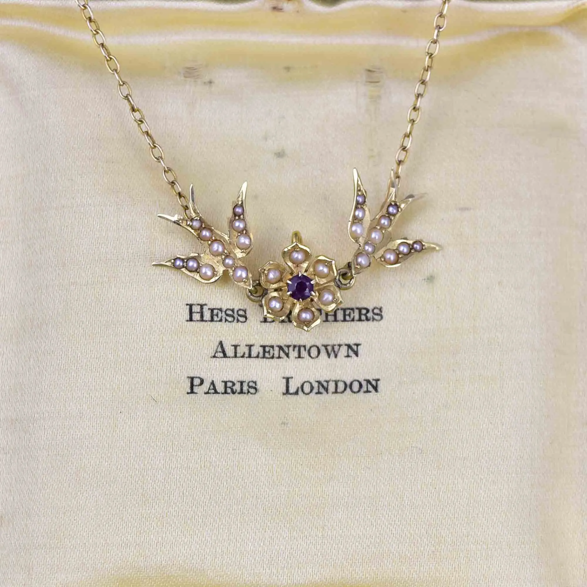 14K Gold Edwardian Amethyst Seed Pearl Swallow Bird Necklace
