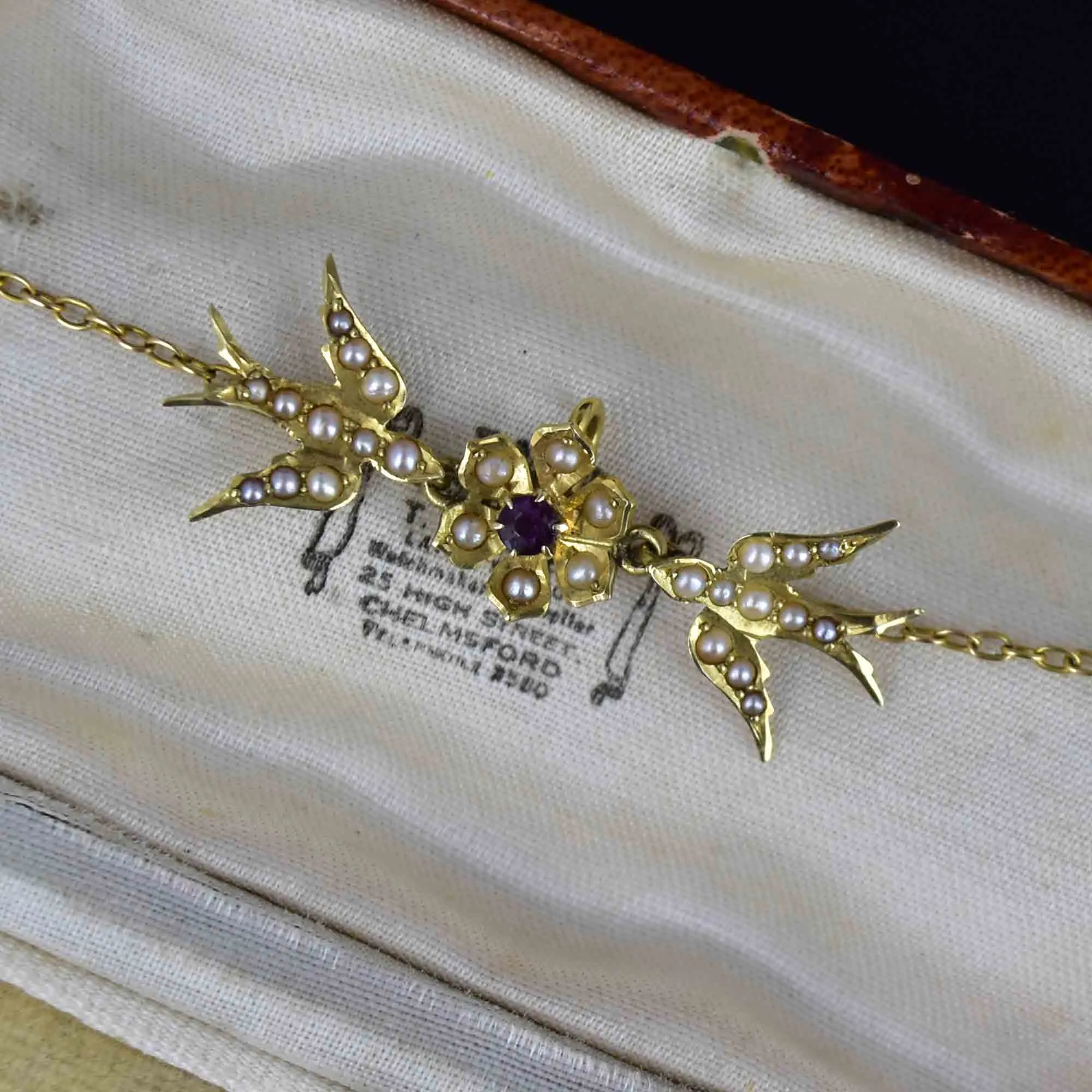 14K Gold Edwardian Amethyst Seed Pearl Swallow Bird Necklace