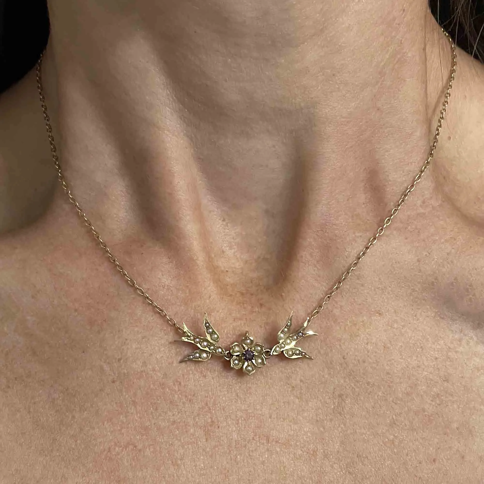 14K Gold Edwardian Amethyst Seed Pearl Swallow Bird Necklace