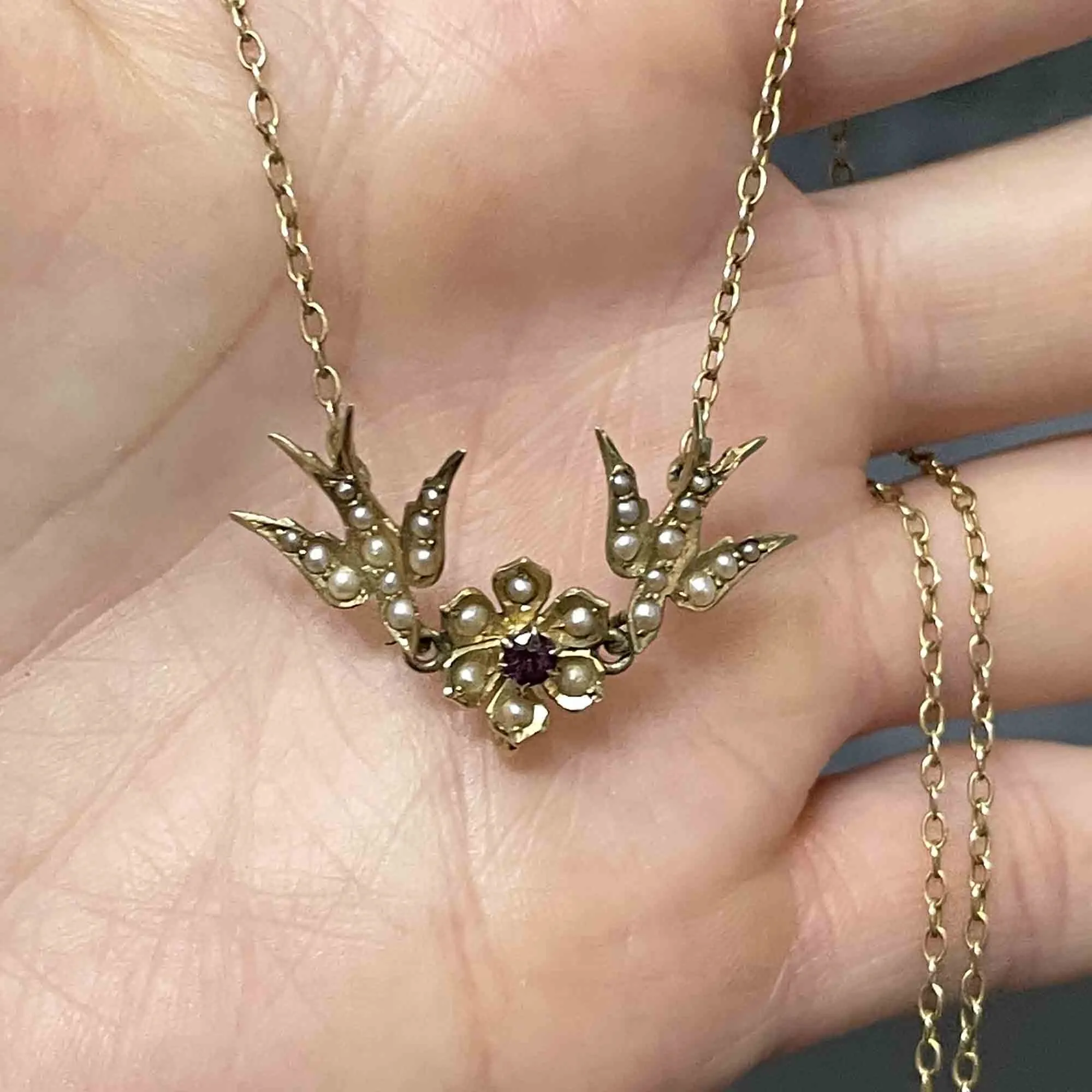 14K Gold Edwardian Amethyst Seed Pearl Swallow Bird Necklace