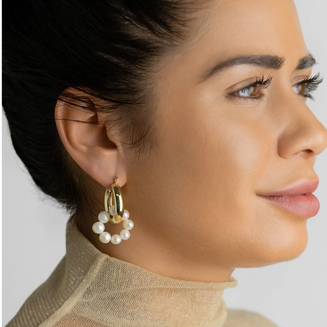 14k Gold Plated Hoop And Pearl Drop And Dangle Earrings