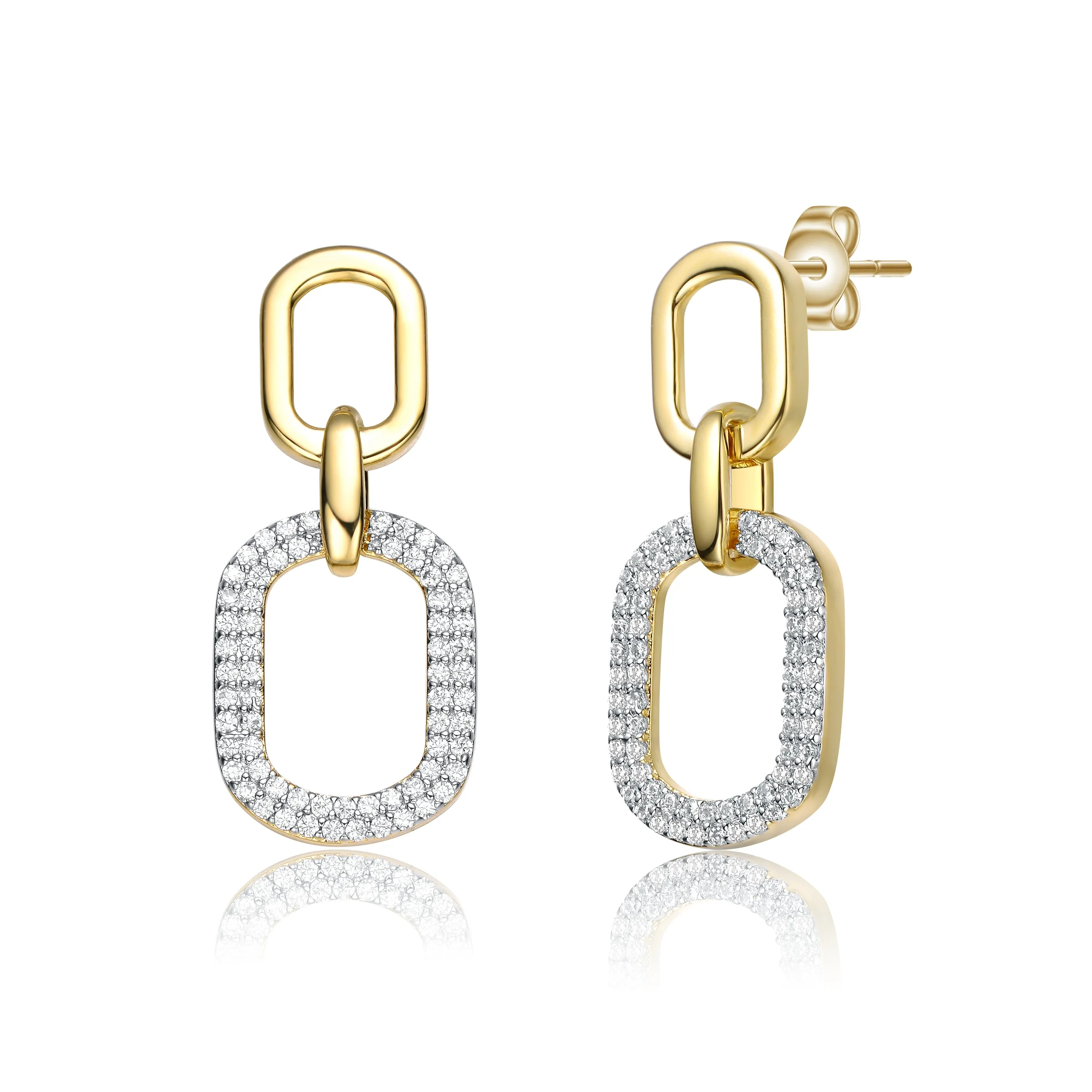 14k Gold Plated with Cubic Zirconia Pave Geometric Oval Chain Dangle Earrings