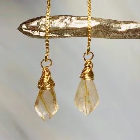 14K Gold Rutilated Quartz earrings, Rutilated Quartz Gold Threader Earrings