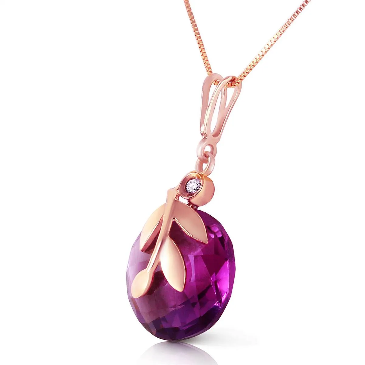 14K Solid Rose Gold Necklace w/ Checkerboard Cut Purple Amethyst & Diamond