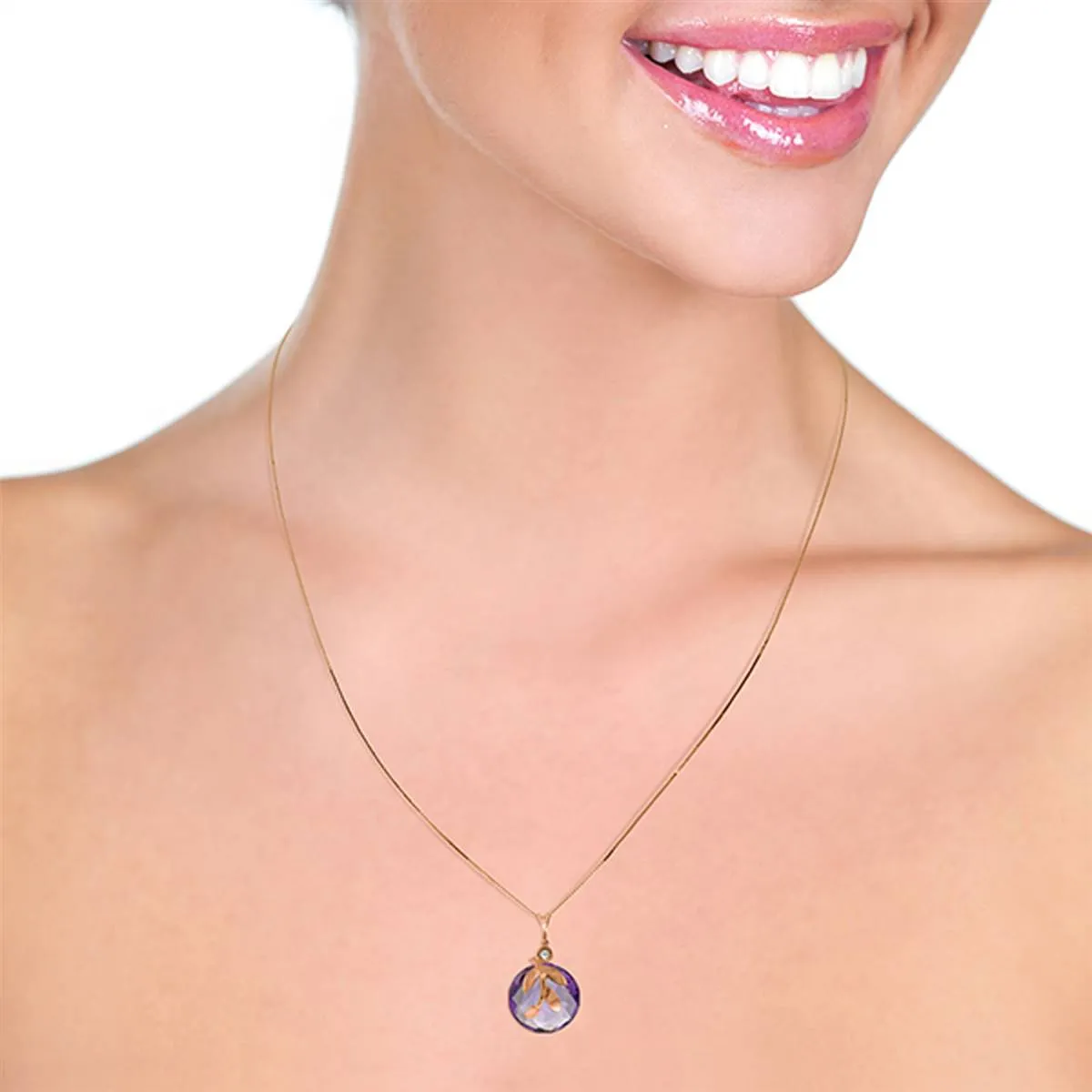 14K Solid Rose Gold Necklace w/ Checkerboard Cut Purple Amethyst & Diamond
