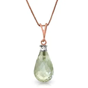 14K Solid Rose Gold Necklace w/ Natural Diamond & Green Amethyst