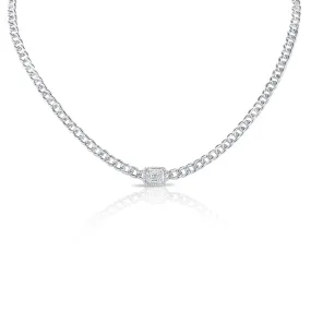 14K White Gold Diamond Center & Curb Link Collar/Choker Necklace