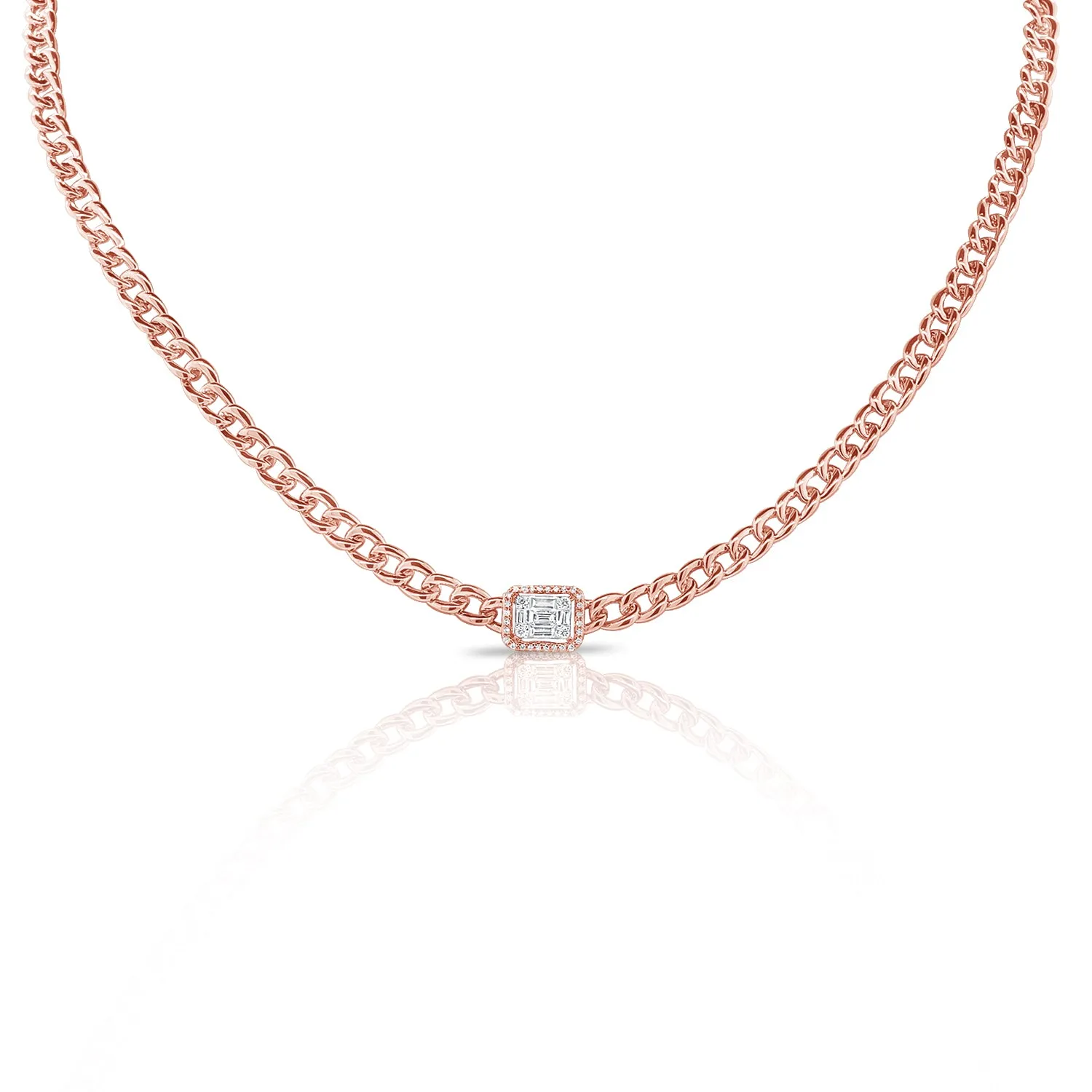 14K White Gold Diamond Center & Curb Link Collar/Choker Necklace