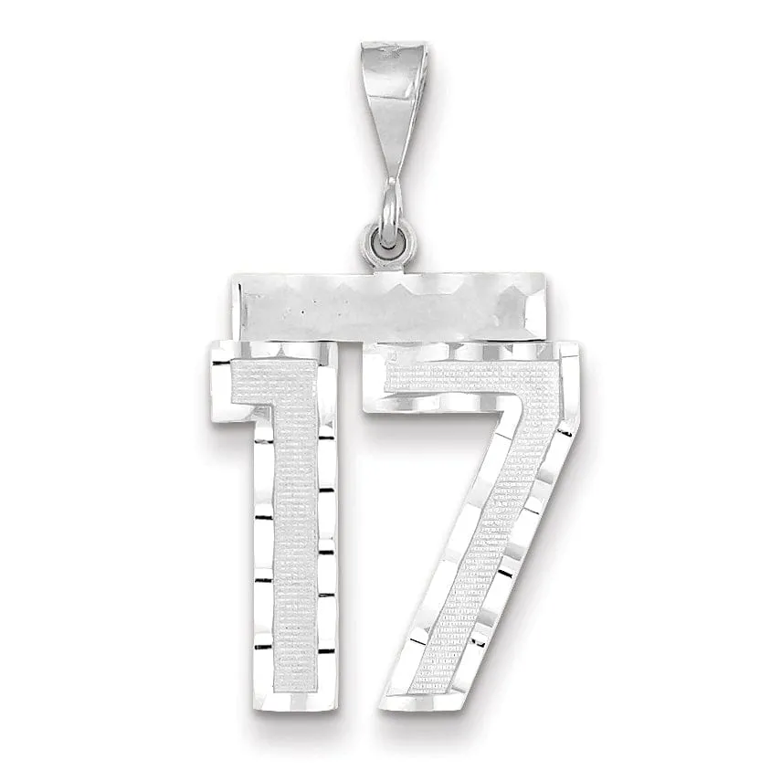 14k White Gold Diamond Cut Finish Large Size Number 17 Charm Pendant