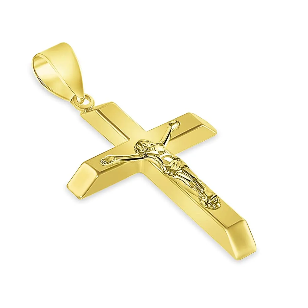14k Yellow Gold 3D Catholic Christian Crucifix Slanted-Edge Cross Pendant with Figaro Chain Necklace