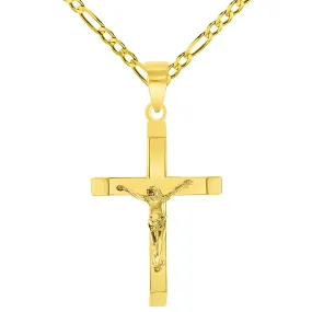 14k Yellow Gold 3D Catholic Christian Crucifix Slanted-Edge Cross Pendant with Figaro Chain Necklace
