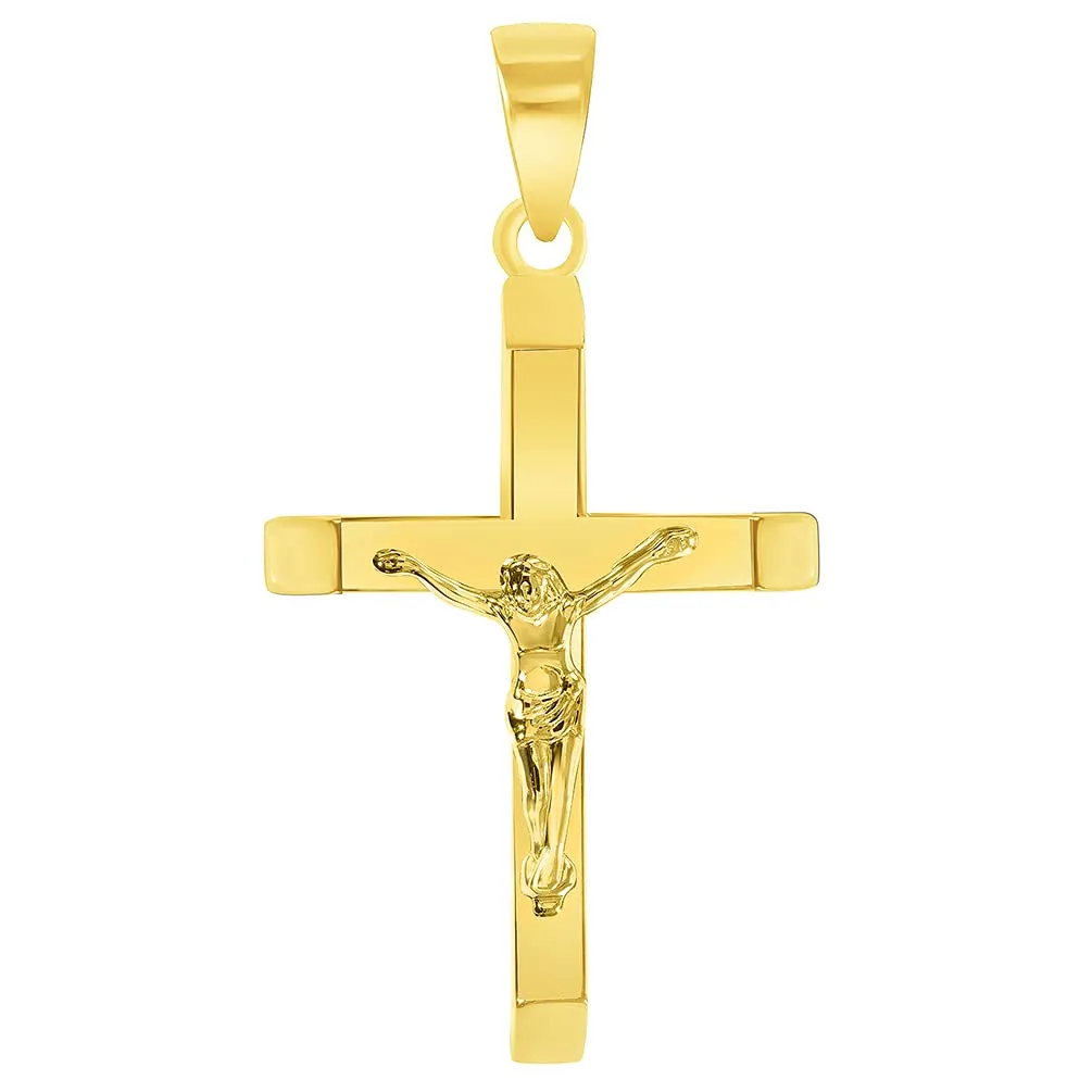 14k Yellow Gold 3D Catholic Christian Crucifix Slanted-Edge Cross Pendant with Figaro Chain Necklace