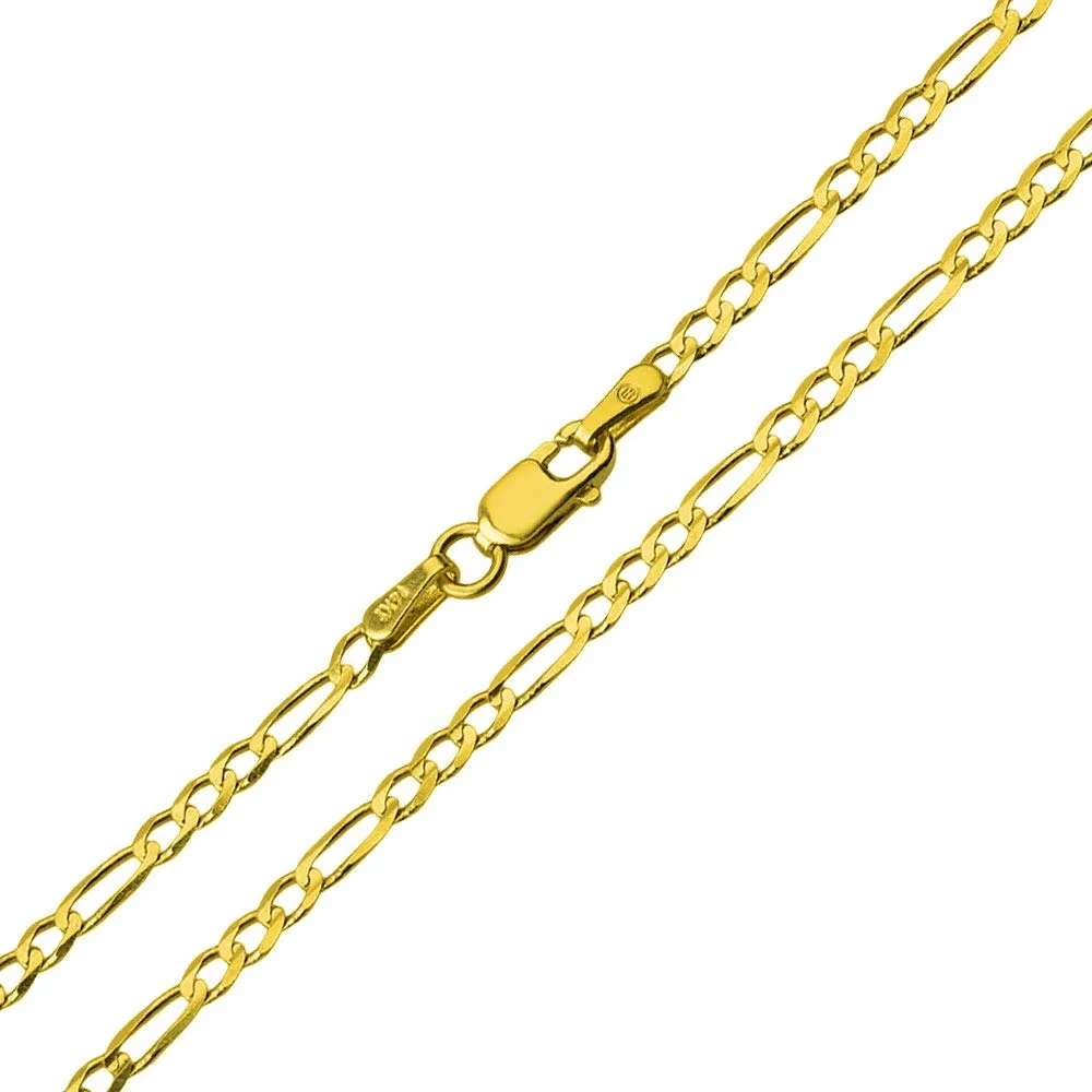 14k Yellow Gold 3D Catholic Christian Crucifix Slanted-Edge Cross Pendant with Figaro Chain Necklace
