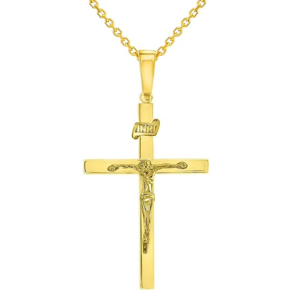14k Yellow Gold 3D INRI Catholic Christian Crucifix Cross Pendant Necklace