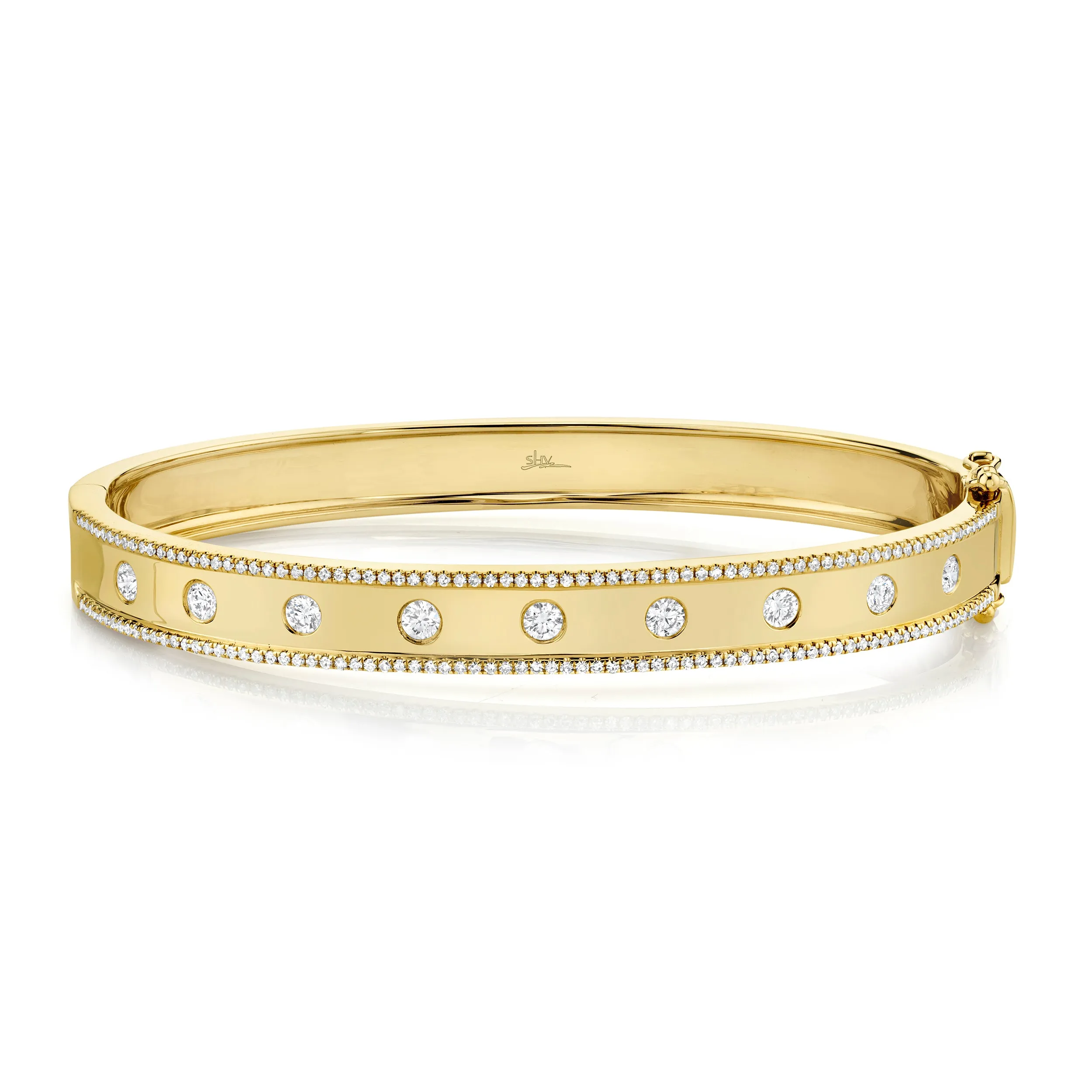 14K Yellow Gold Diamond Border Hinged Bangle (Medium)