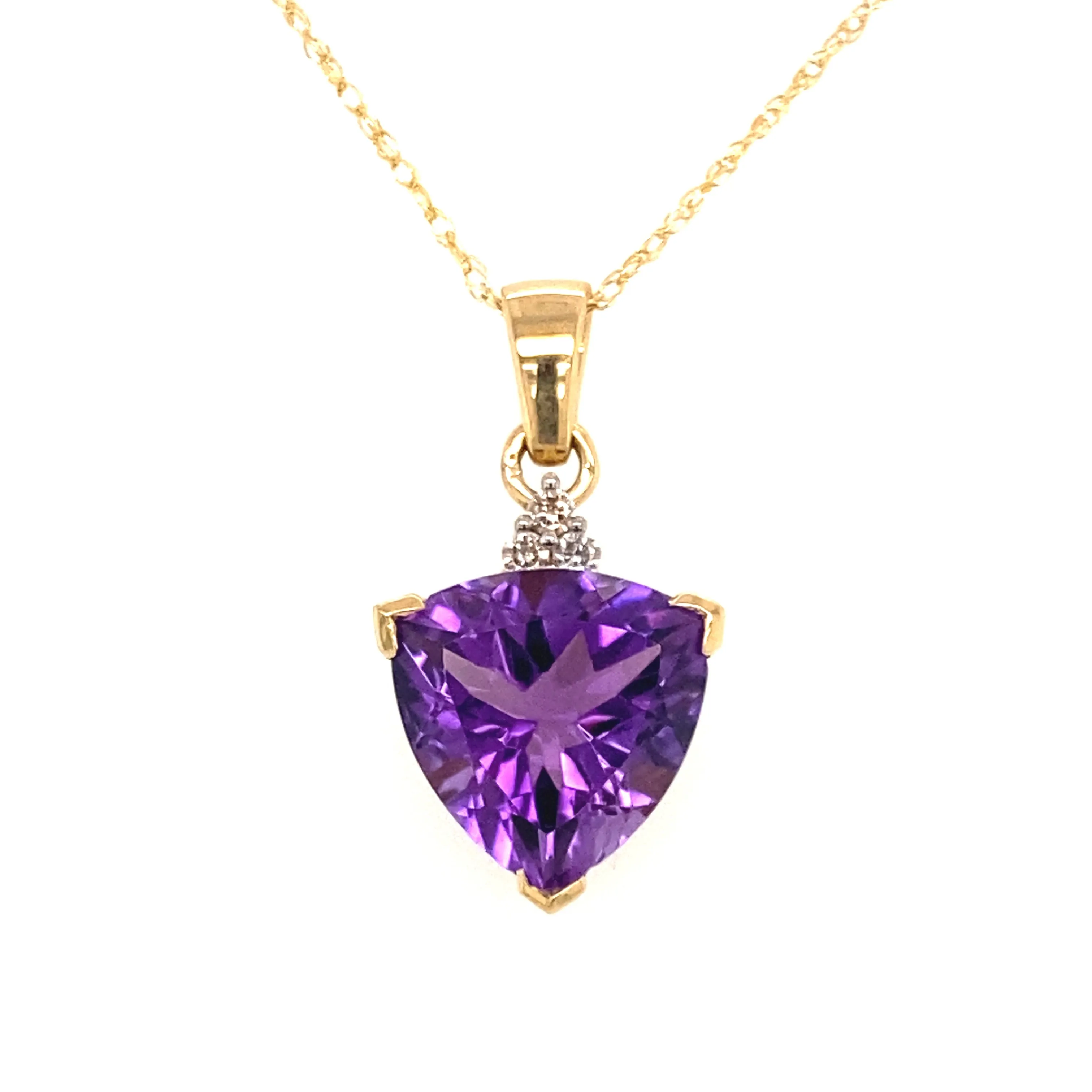 14K Yellow Gold Trillion Amethyst and Diamond Cluster Pendant
