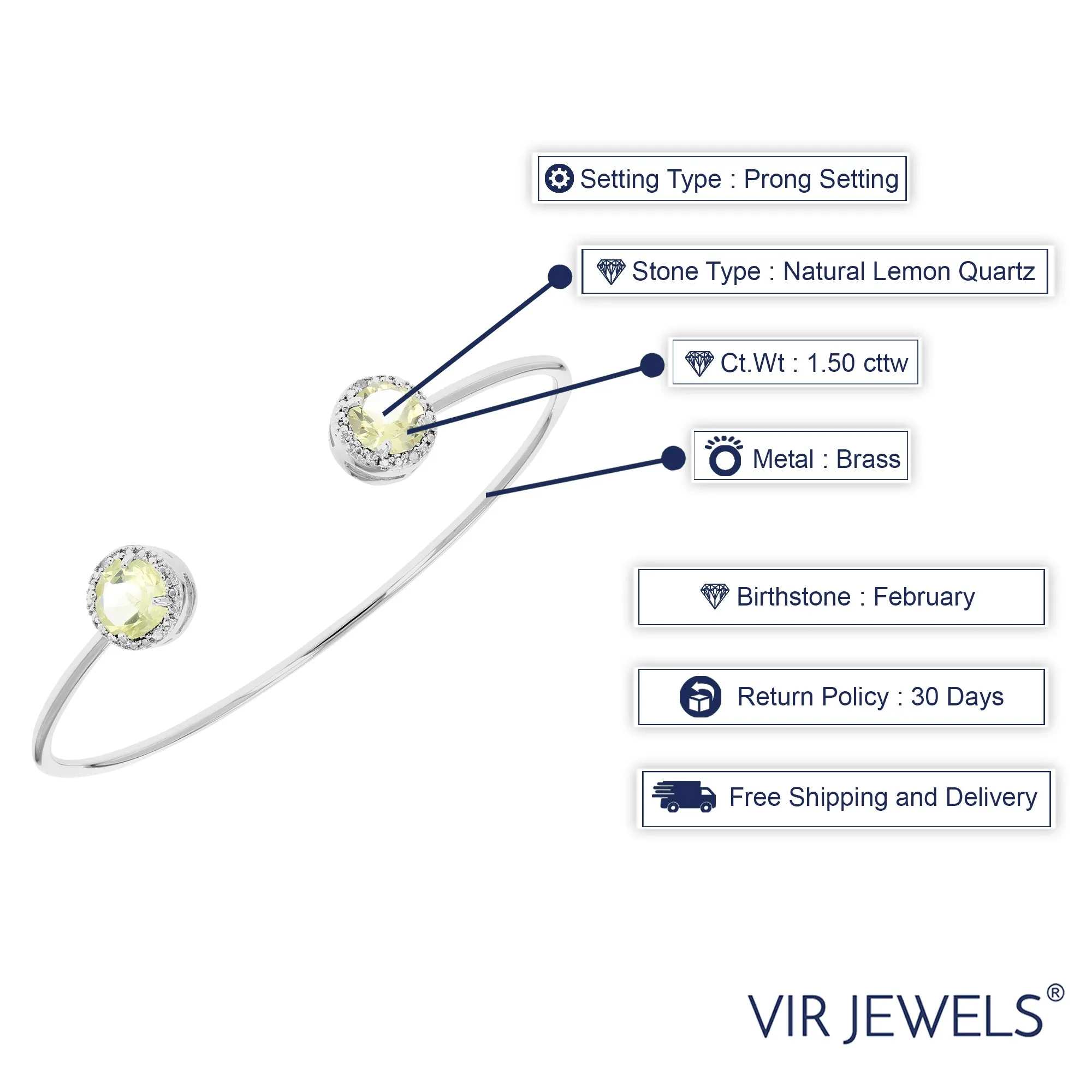 1.50 cttw Lemon Quartz Bangle Bracelet Brass With Rhodium Plating 7 MM Round