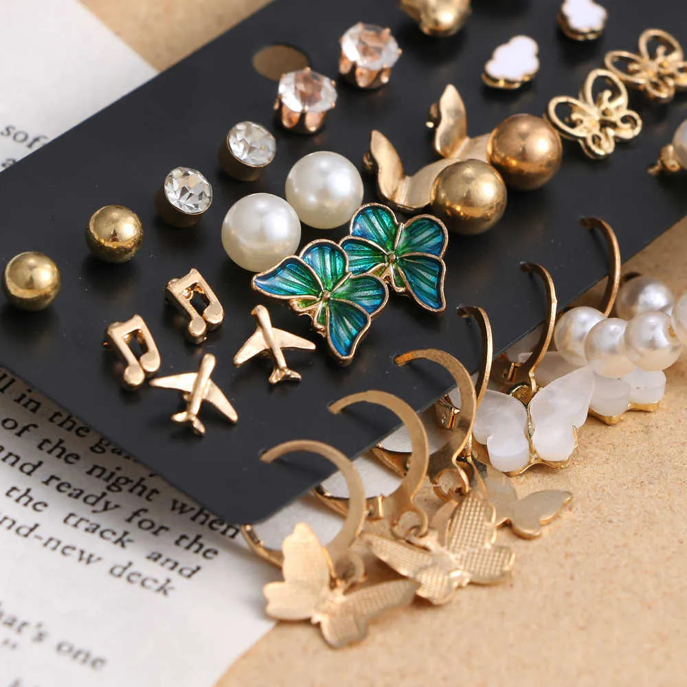 17 Pair Gold Plated Pearl Butterfly Hoop Drop Dangle Earrings Combo Set for Women and Girls