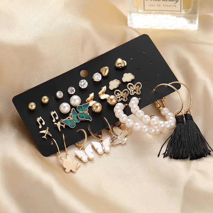17 Pair Gold Plated Pearl Butterfly Hoop Drop Dangle Earrings Combo Set for Women and Girls