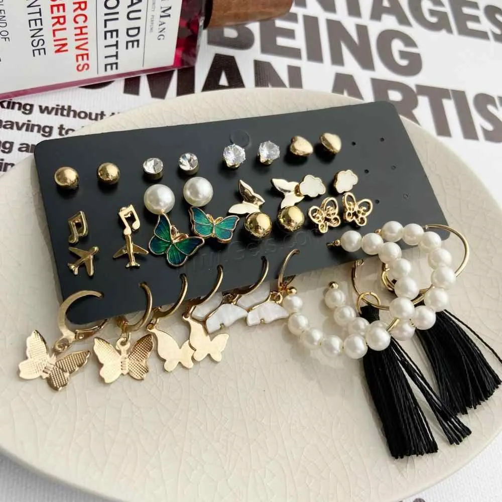 17 Pair Gold Plated Pearl Butterfly Hoop Drop Dangle Earrings Combo Set for Women and Girls