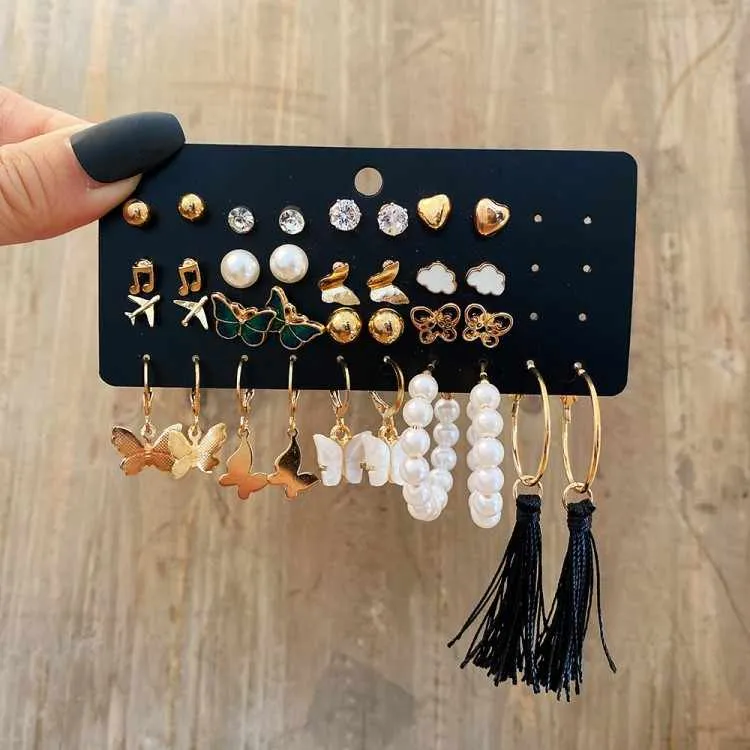 17 Pair Gold Plated Pearl Butterfly Hoop Drop Dangle Earrings Combo Set for Women and Girls