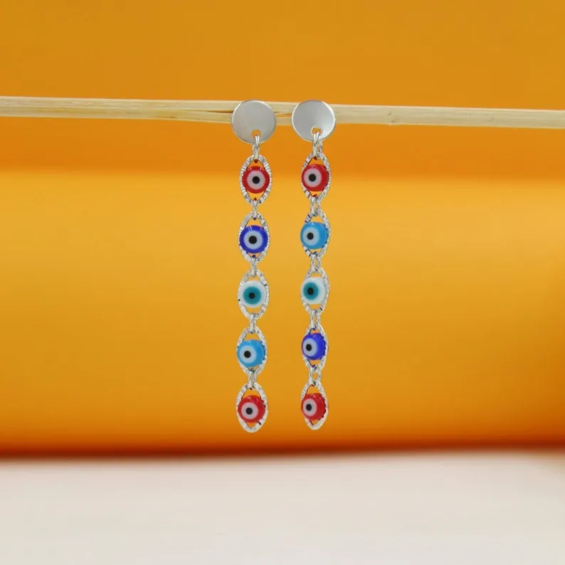 18K Gold Multi-Color Evil Eye Dangle Earring (K49)