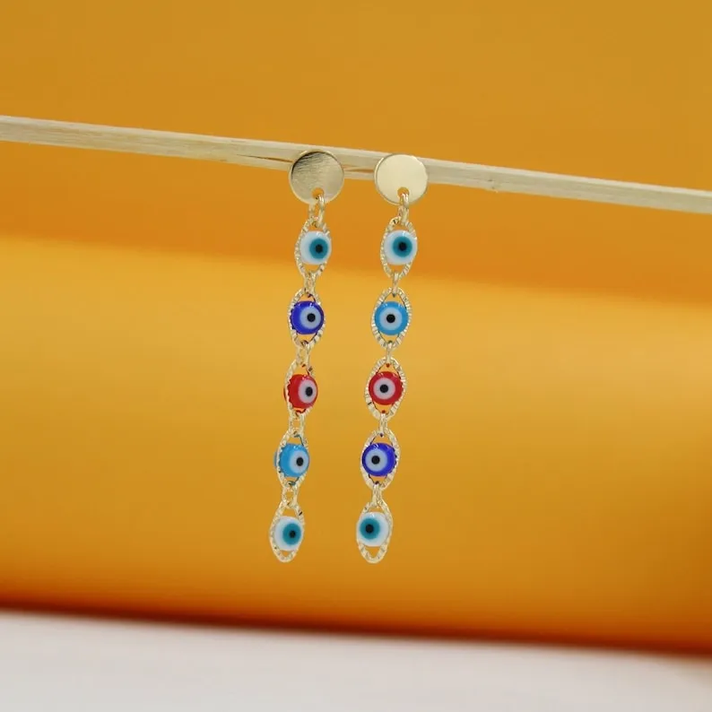 18K Gold Multi-Color Evil Eye Dangle Earring (K49)