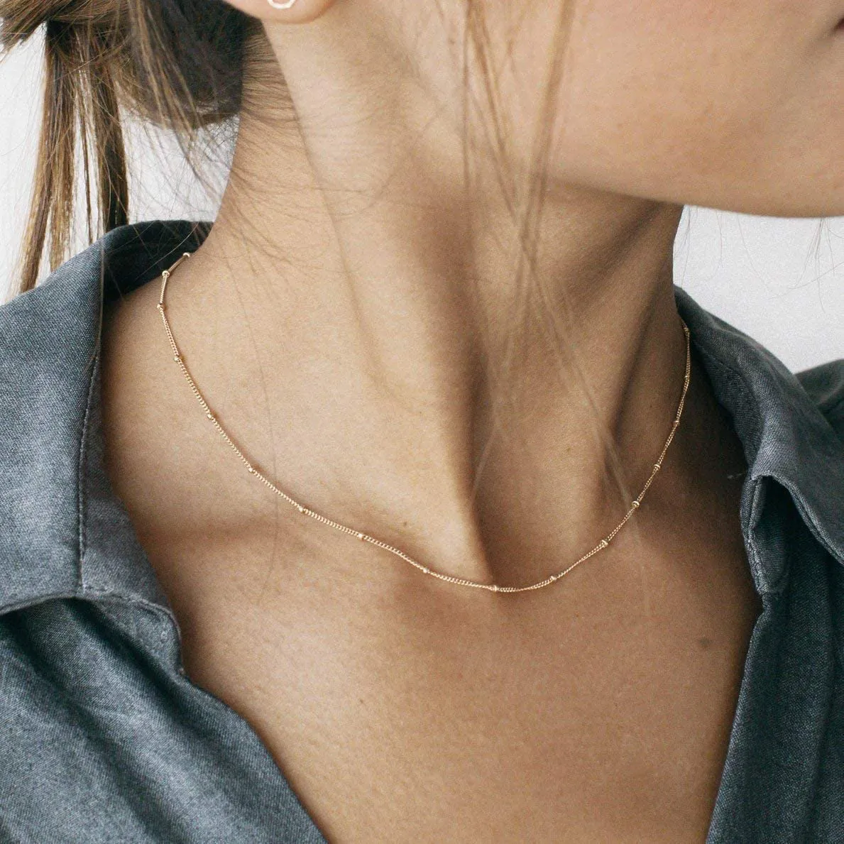 18k Gold Paperclip Chain Choker Satellite Chain Lava Bead Pendant Necklace Dainty Jewelry for Women 16''