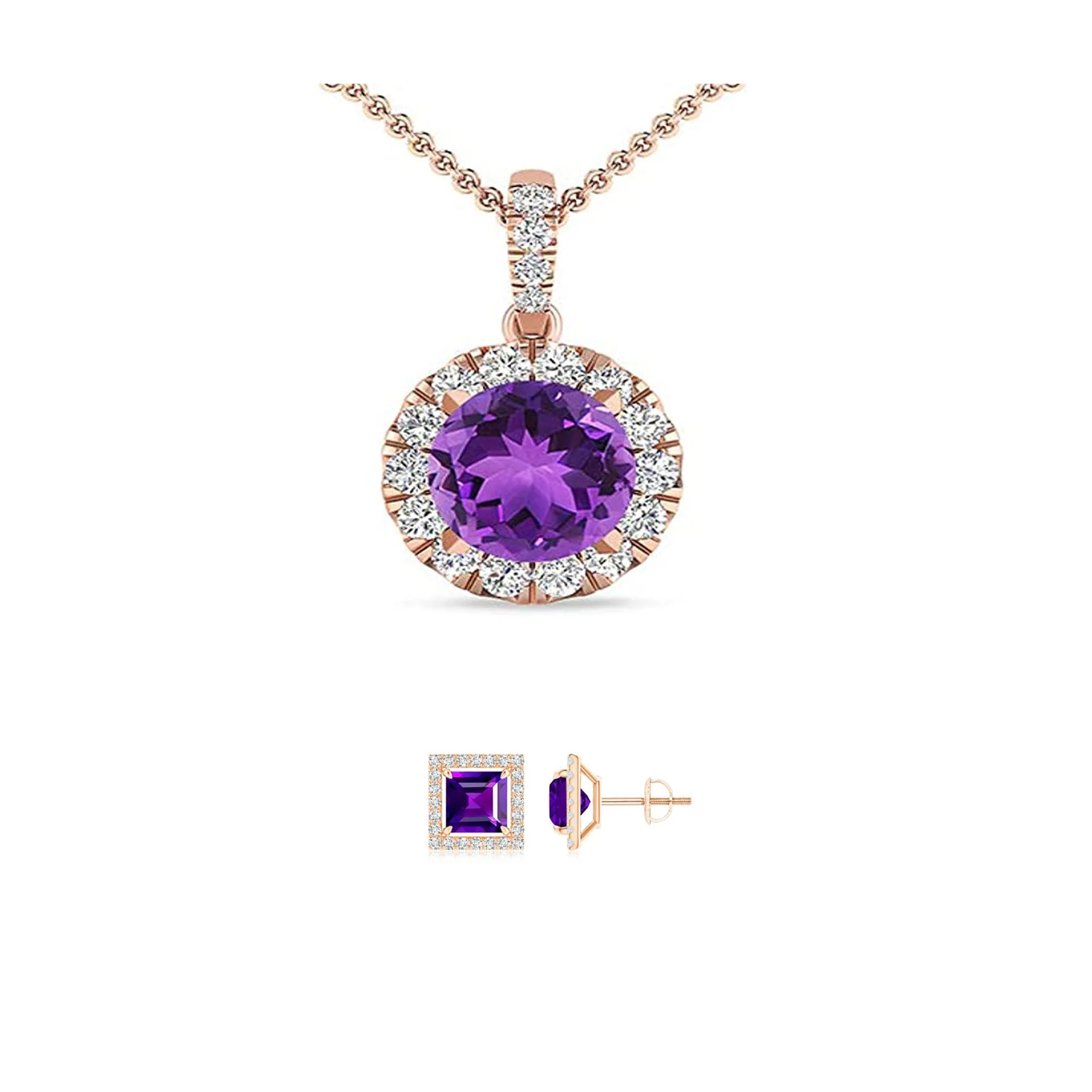 18K Rose Gold 2ct Halo Amethyst Round 18 Inch Necklace and Halo Square Earrings Set Plated