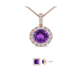18K Rose Gold 2ct Halo Amethyst Round 18 Inch Necklace and Halo Square Earrings Set Plated
