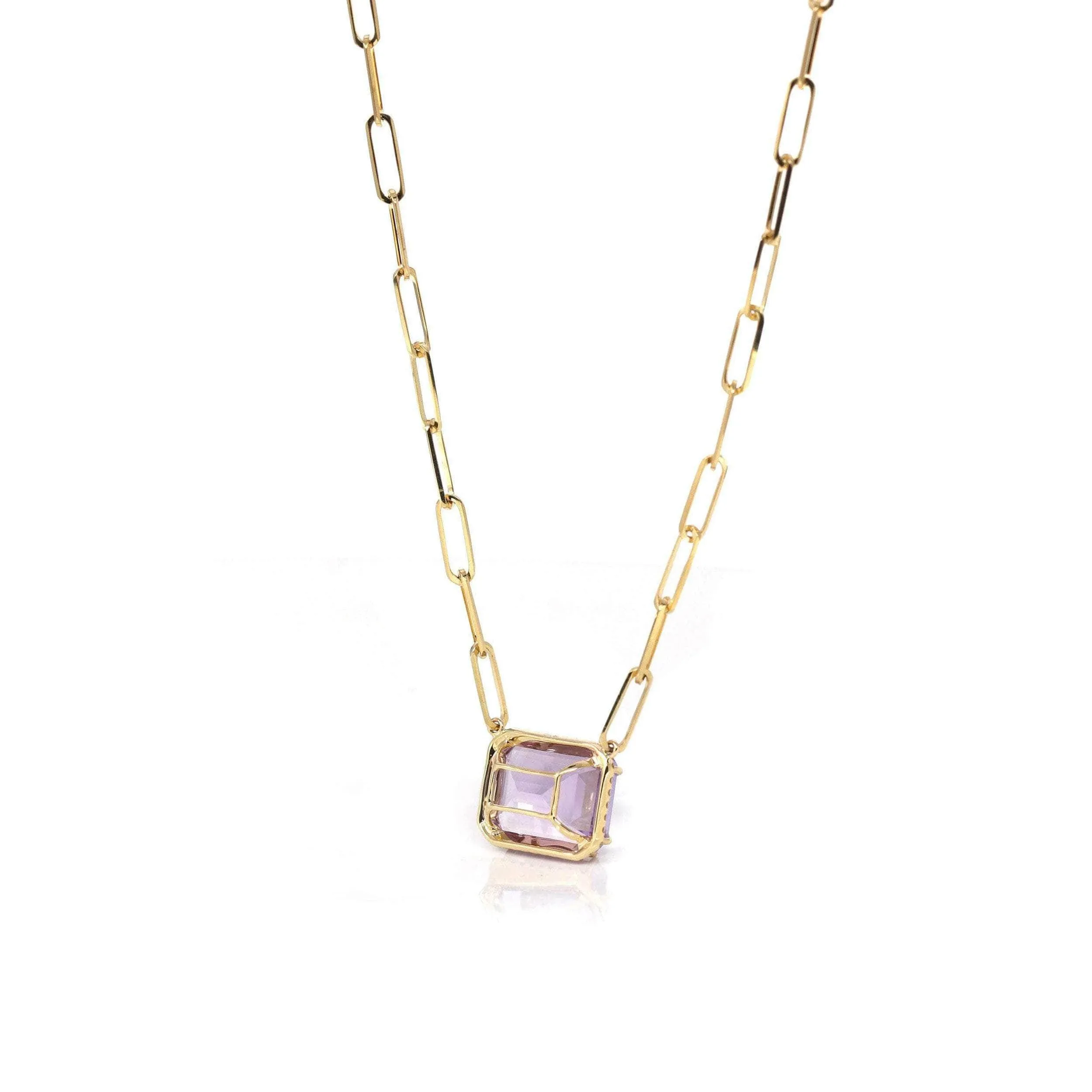18k Yellow Gold AAA Royal Amethyst Emerald Cut Pendant Necklace With Diamonds