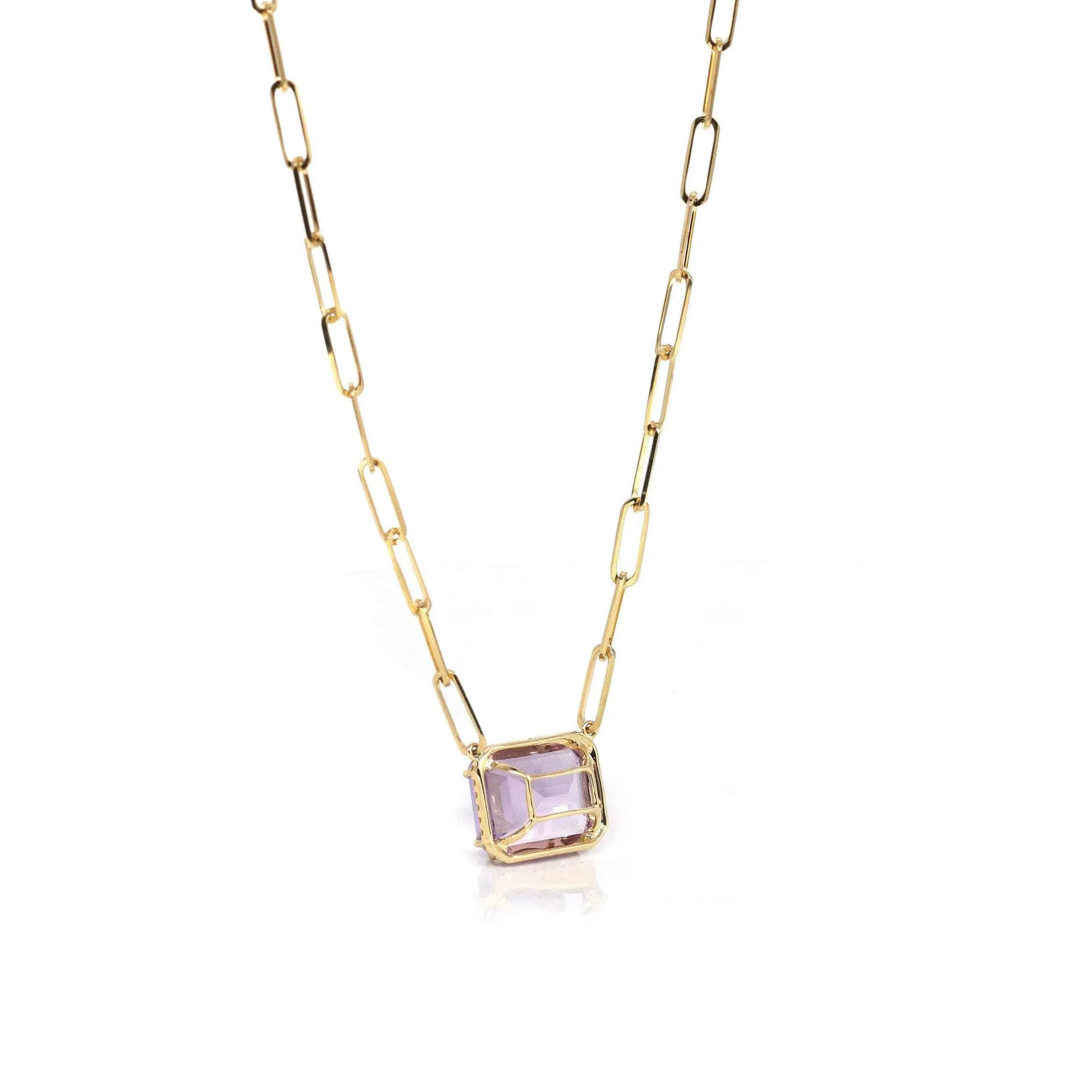18k Yellow Gold AAA Royal Amethyst Emerald Cut Pendant Necklace With Diamonds