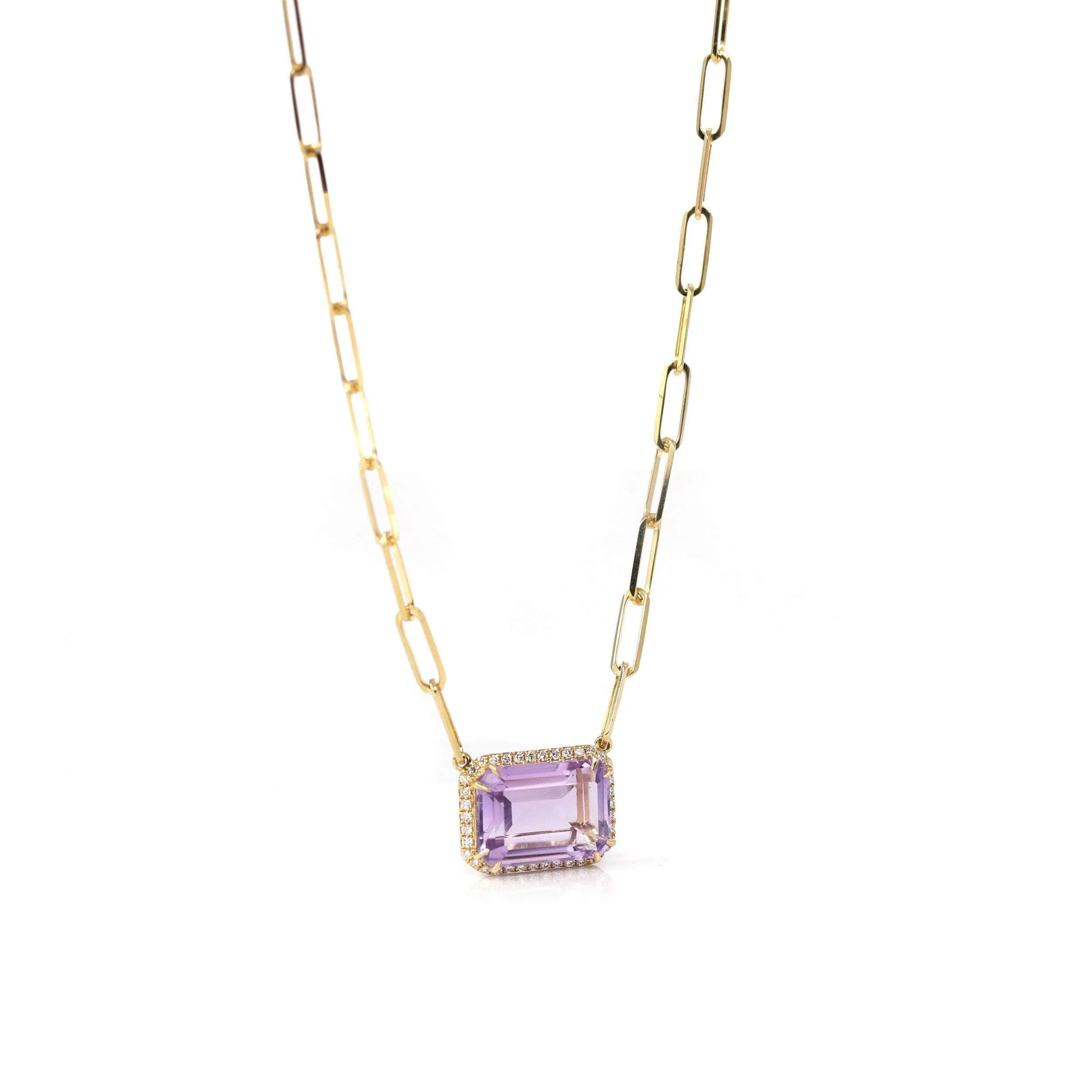18k Yellow Gold AAA Royal Amethyst Emerald Cut Pendant Necklace With Diamonds