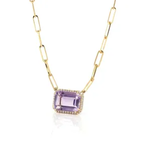 18k Yellow Gold AAA Royal Amethyst Emerald Cut Pendant Necklace With Diamonds