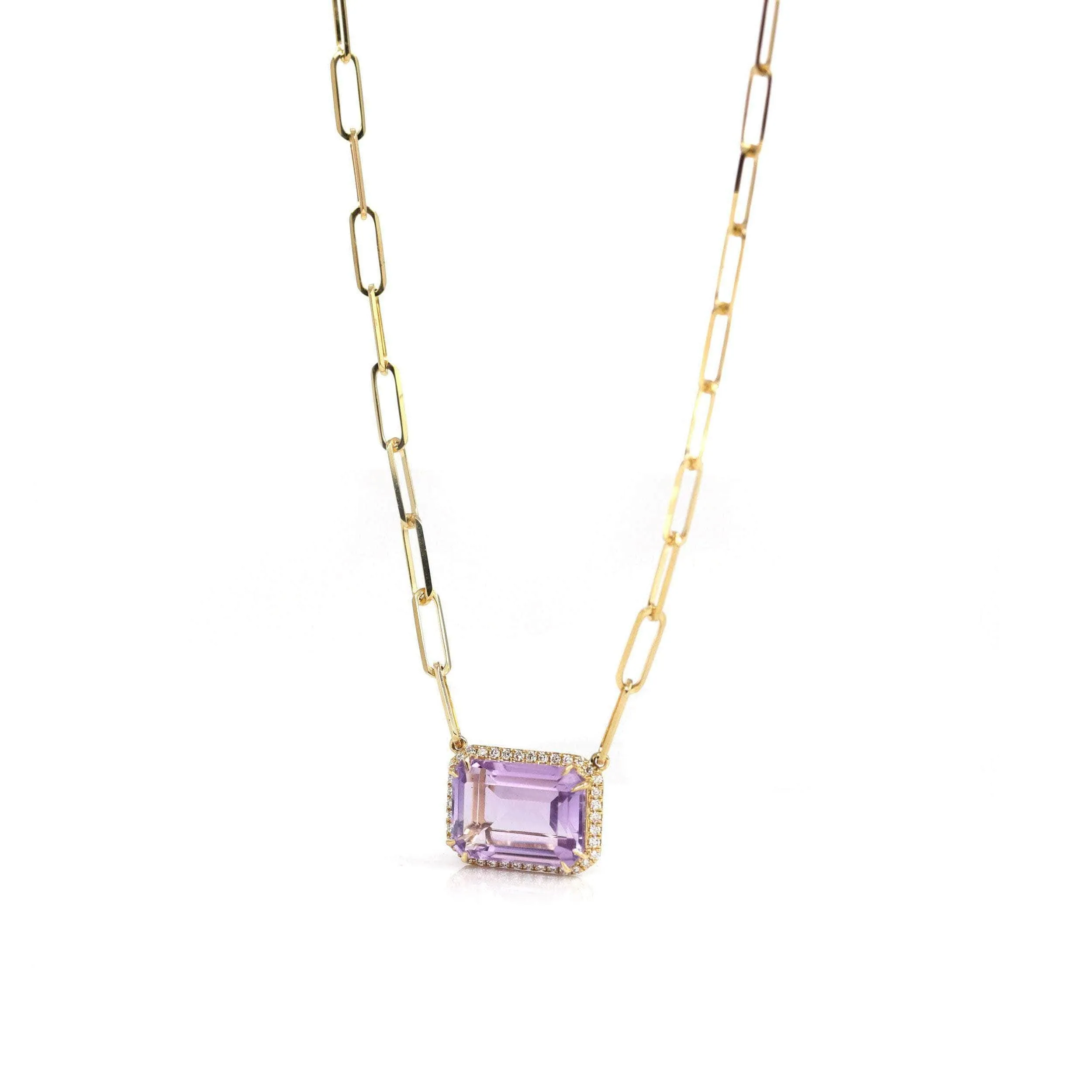 18k Yellow Gold AAA Royal Amethyst Emerald Cut Pendant Necklace With Diamonds