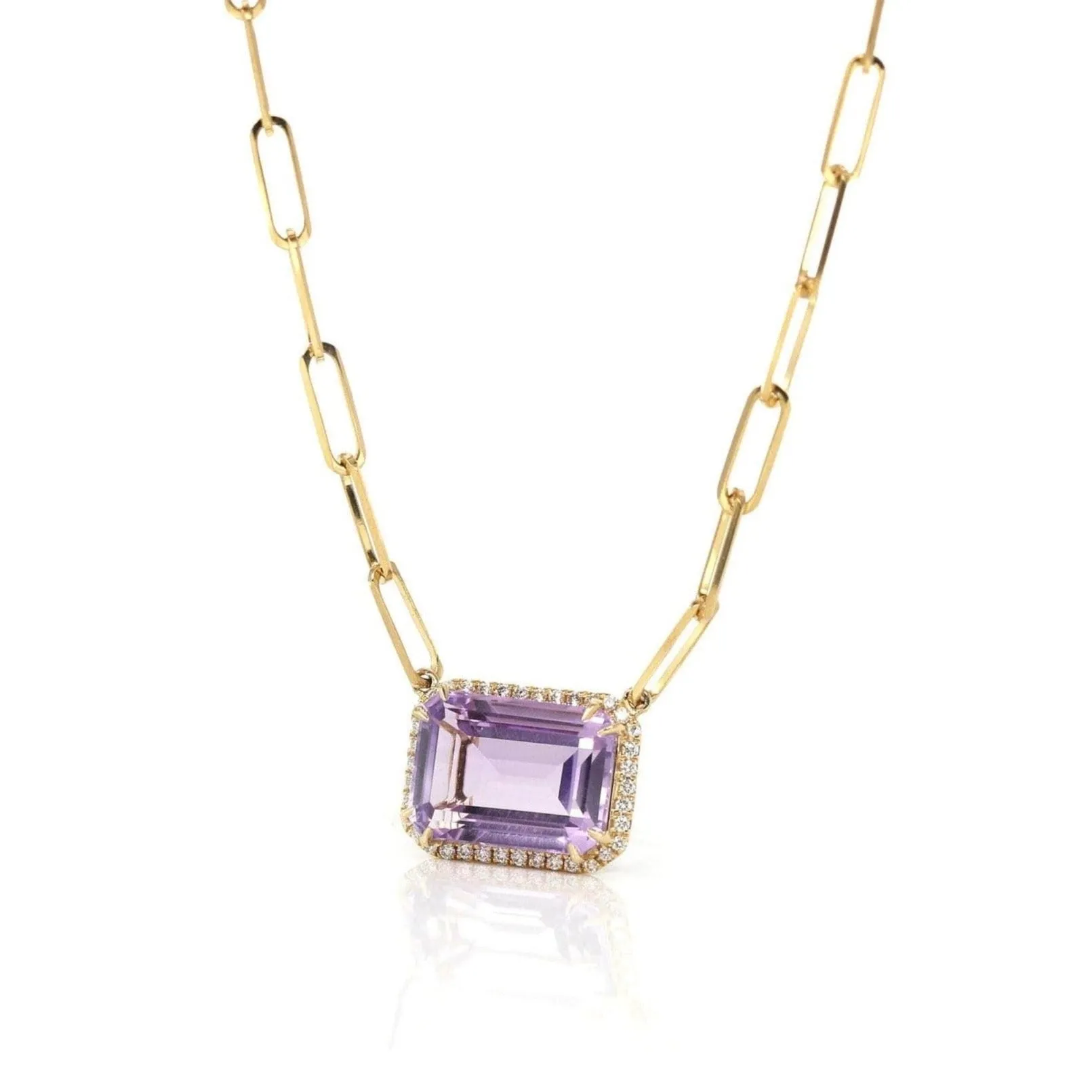 18k Yellow Gold AAA Royal Amethyst Emerald Cut Pendant Necklace With Diamonds