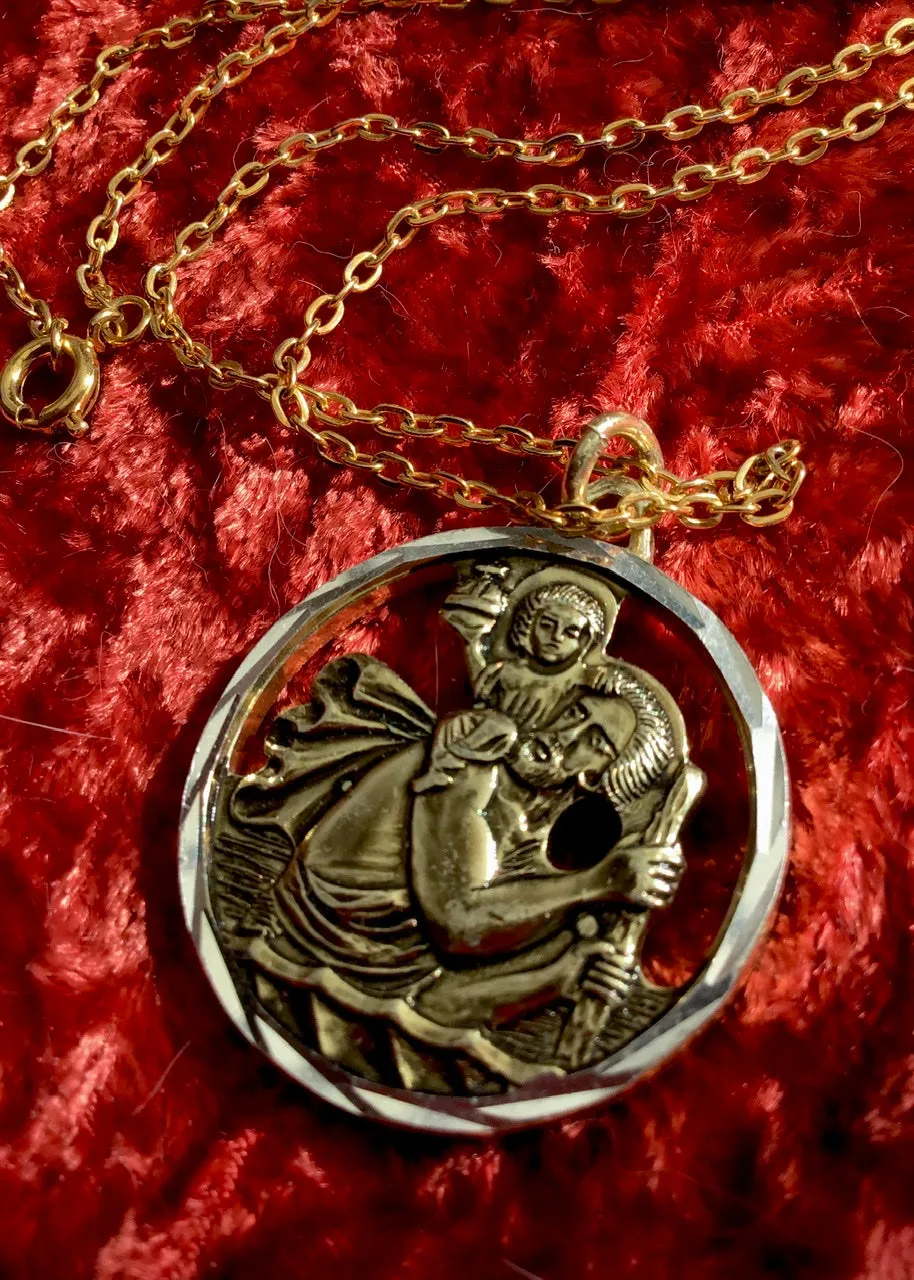 1970s Vintage Metallic Plastic St Christopher Pendant Necklace