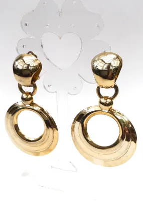 1980s Huge Gold Door Knocker Hoop Earrings • Clip On
