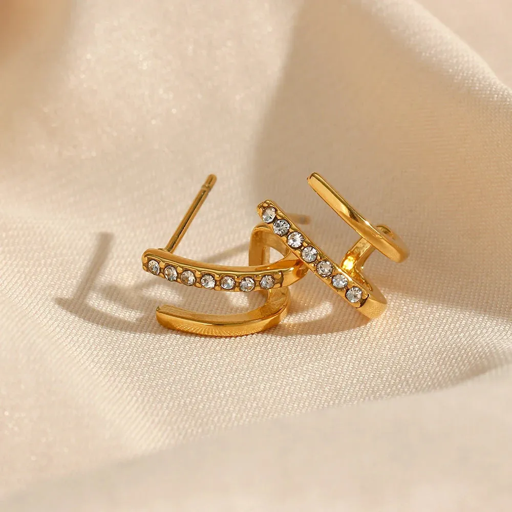 2023 New Crystal Paved Double Layer Hollow Huggie Earrings for Ladies Small Gold Plated Stainless Steel Stud Earrings