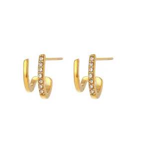 2023 New Crystal Paved Double Layer Hollow Huggie Earrings for Ladies Small Gold Plated Stainless Steel Stud Earrings