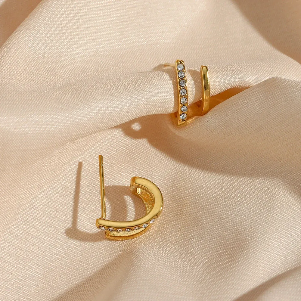 2023 New Crystal Paved Double Layer Hollow Huggie Earrings for Ladies Small Gold Plated Stainless Steel Stud Earrings